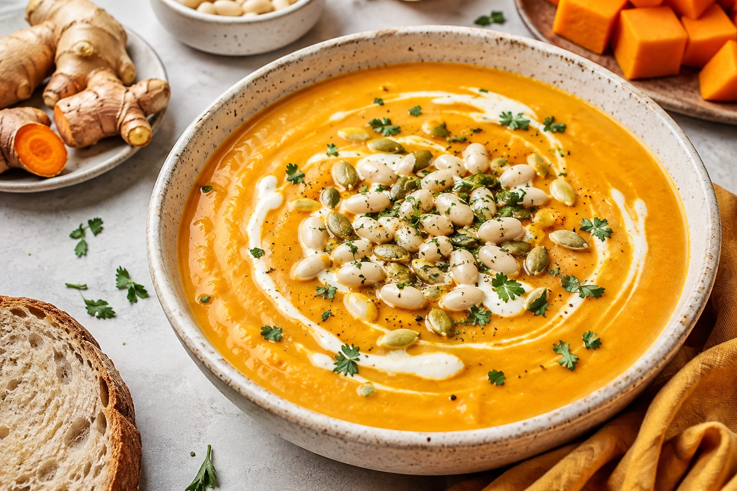 Butternut Squash Carrot Ginger White Bean Soup