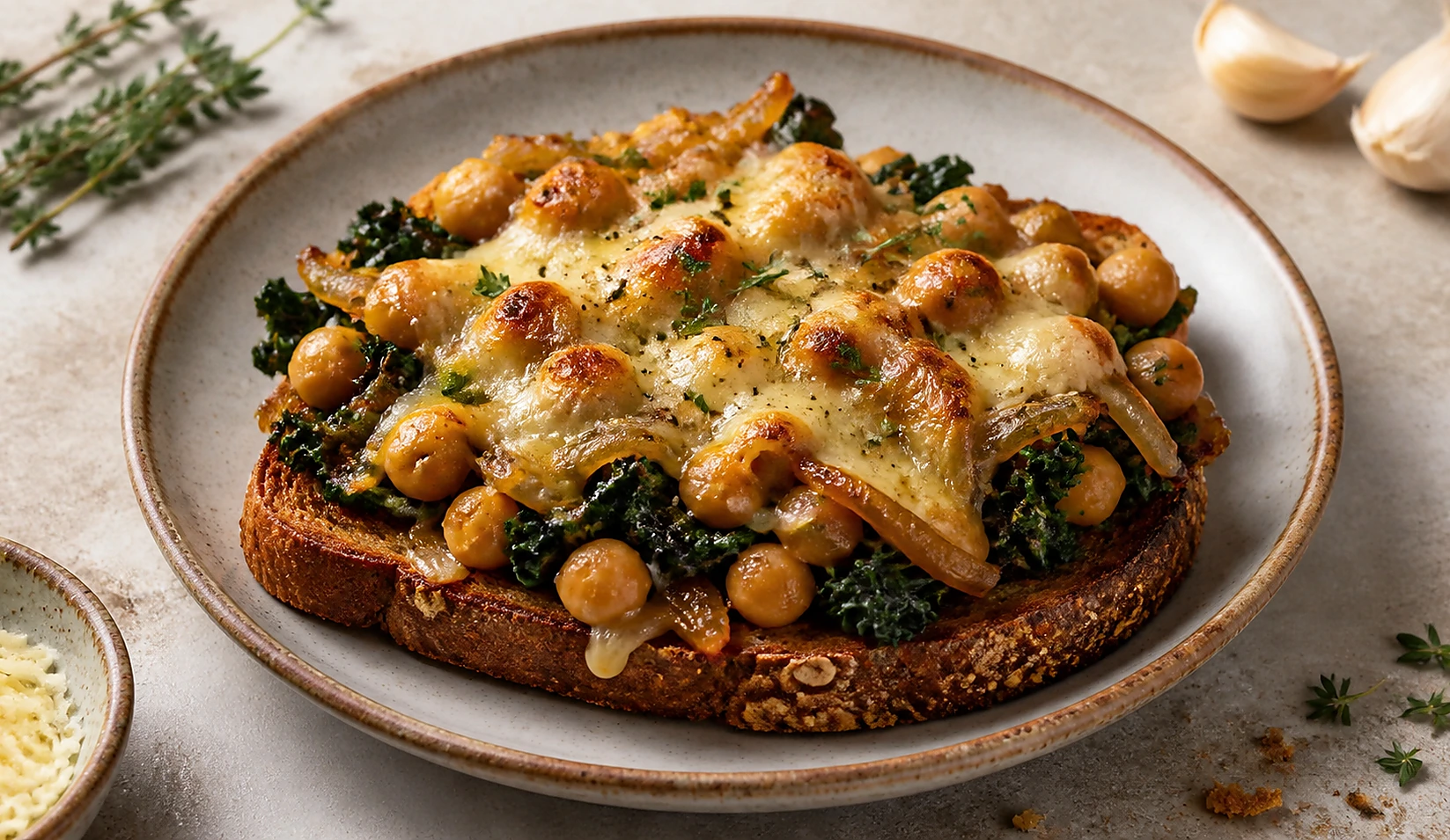 Cheesy French Onion Chickpeas with Kale and Whole-Grain Toast