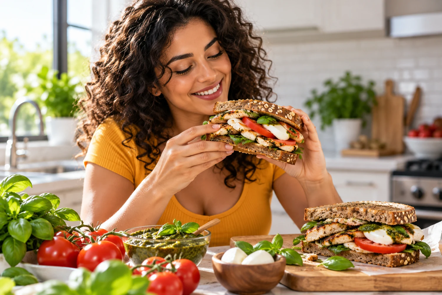 Chicken Caprese Sandwich with Pesto and Whole-Grain Bread