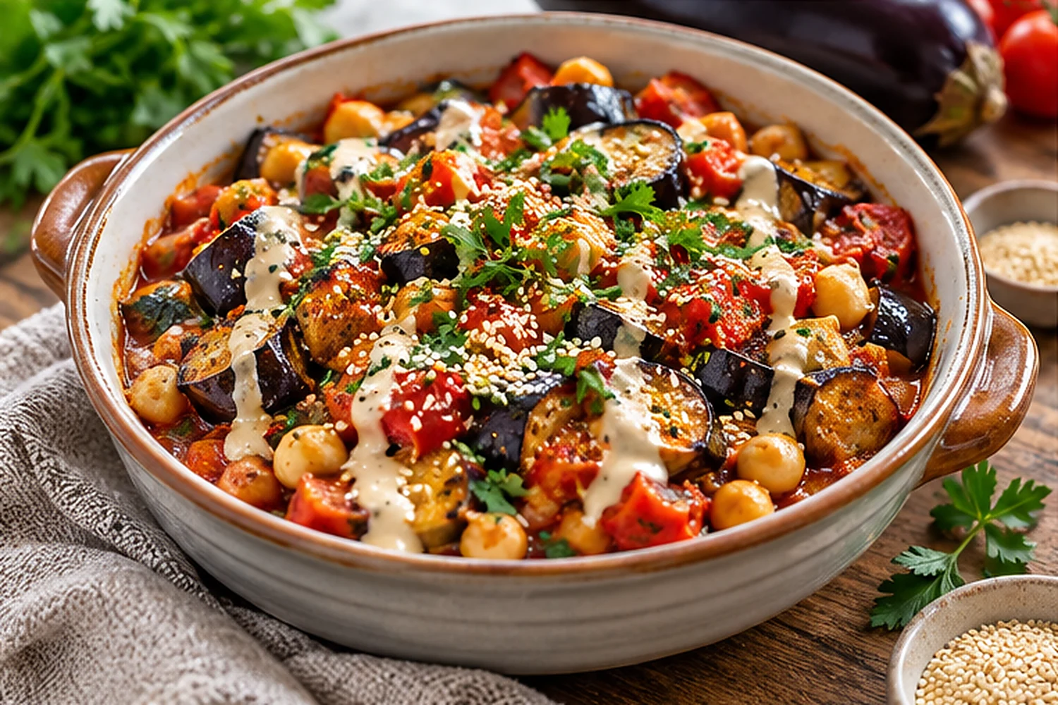 Chickpea Eggplant Tomato Bake with Tahini Drizzle