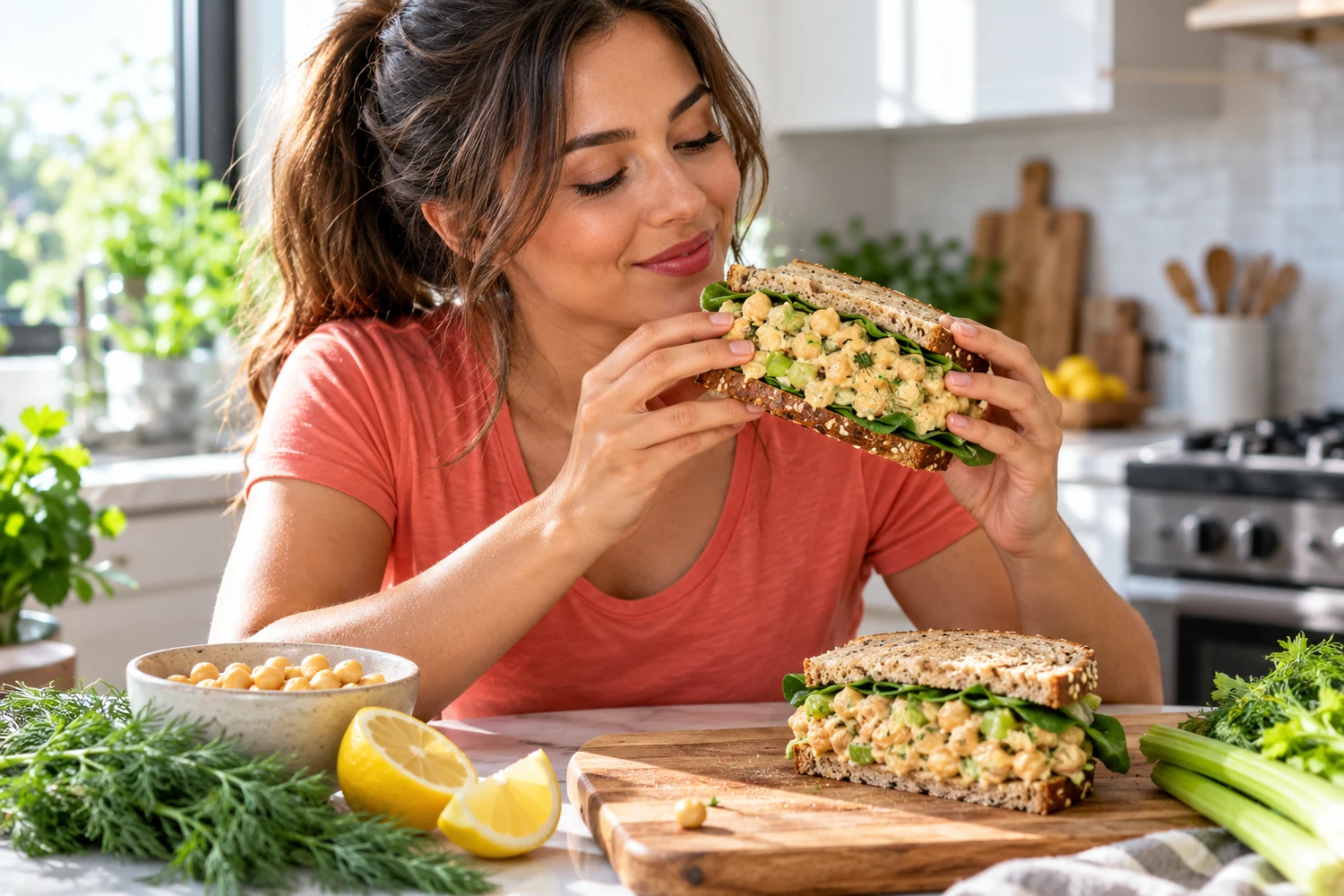 Woman with Chickpea Salad Sandwich with Celery, Dill and Lemon