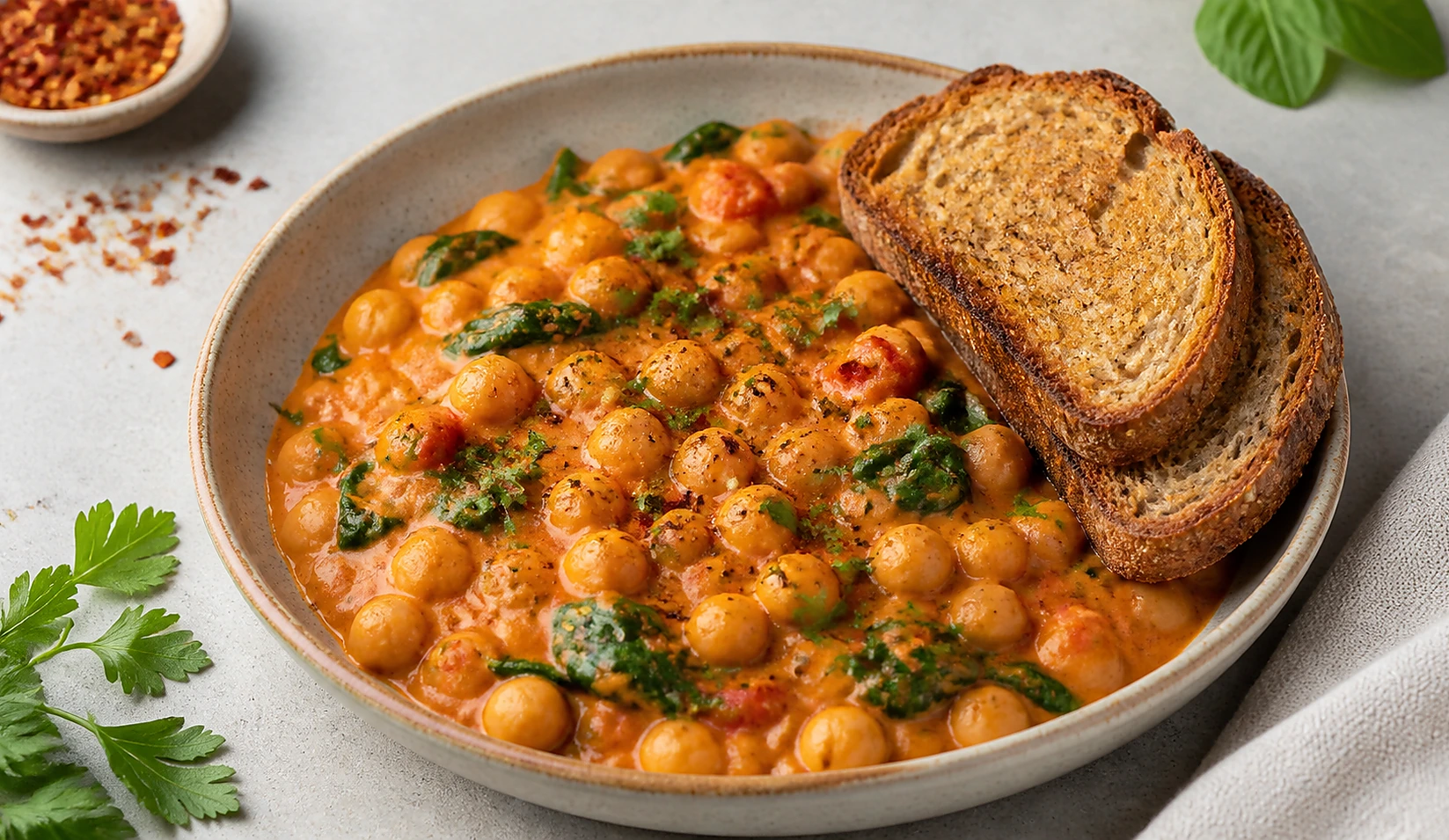 Chickpeas alla Vodka with Spinach and Whole-Grain Toast