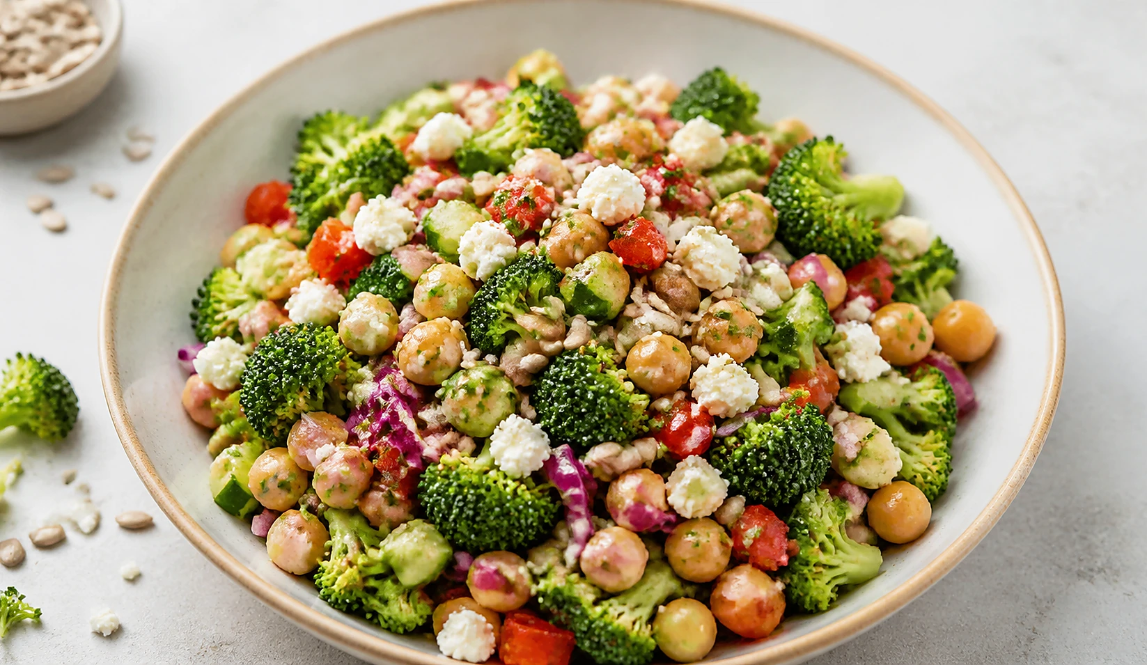 Chopped Broccoli Chickpea Crunch Salad with Feta and Sunflower Seeds