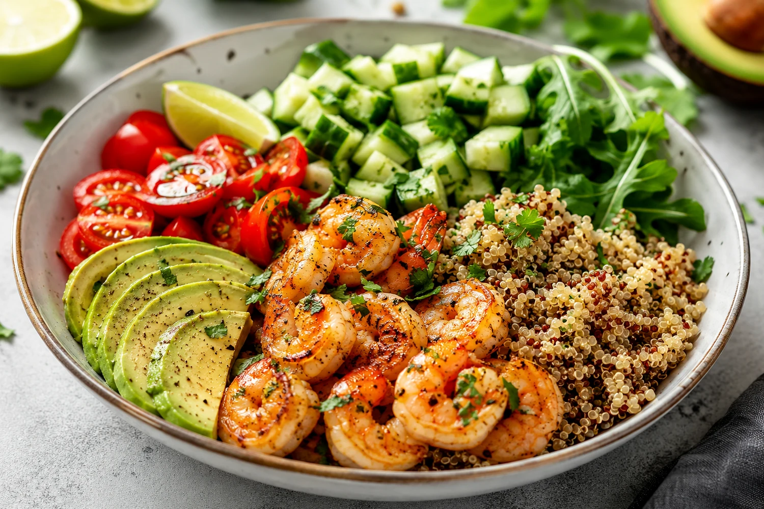 Cilantro Lime Shrimp Quinoa Cucumber Bowl