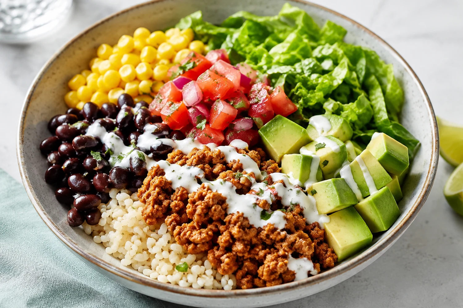 Cottage Cheese Beef Taco Bowl with Black Beans and Avocado