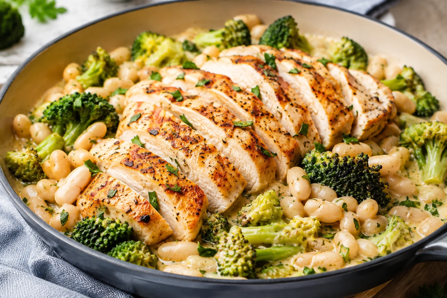 Creamy Garlic Chicken Broccoli White Bean Skillet
