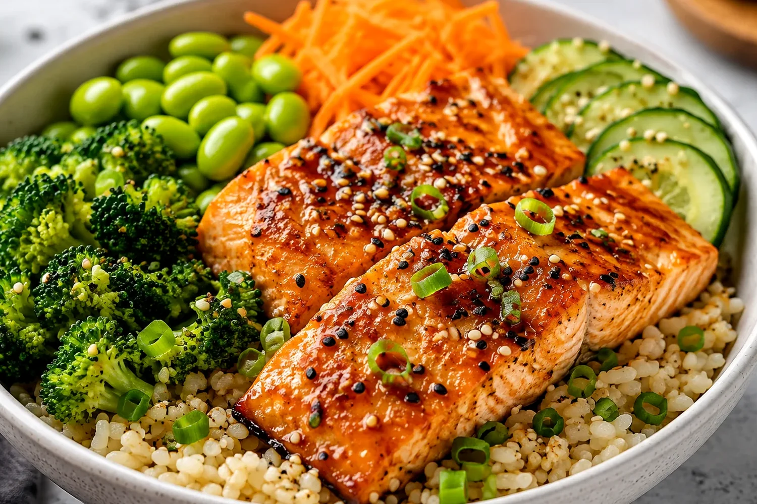 Crispy Salmon Sushi Bowl with Edamame, Cucumber and Avocado