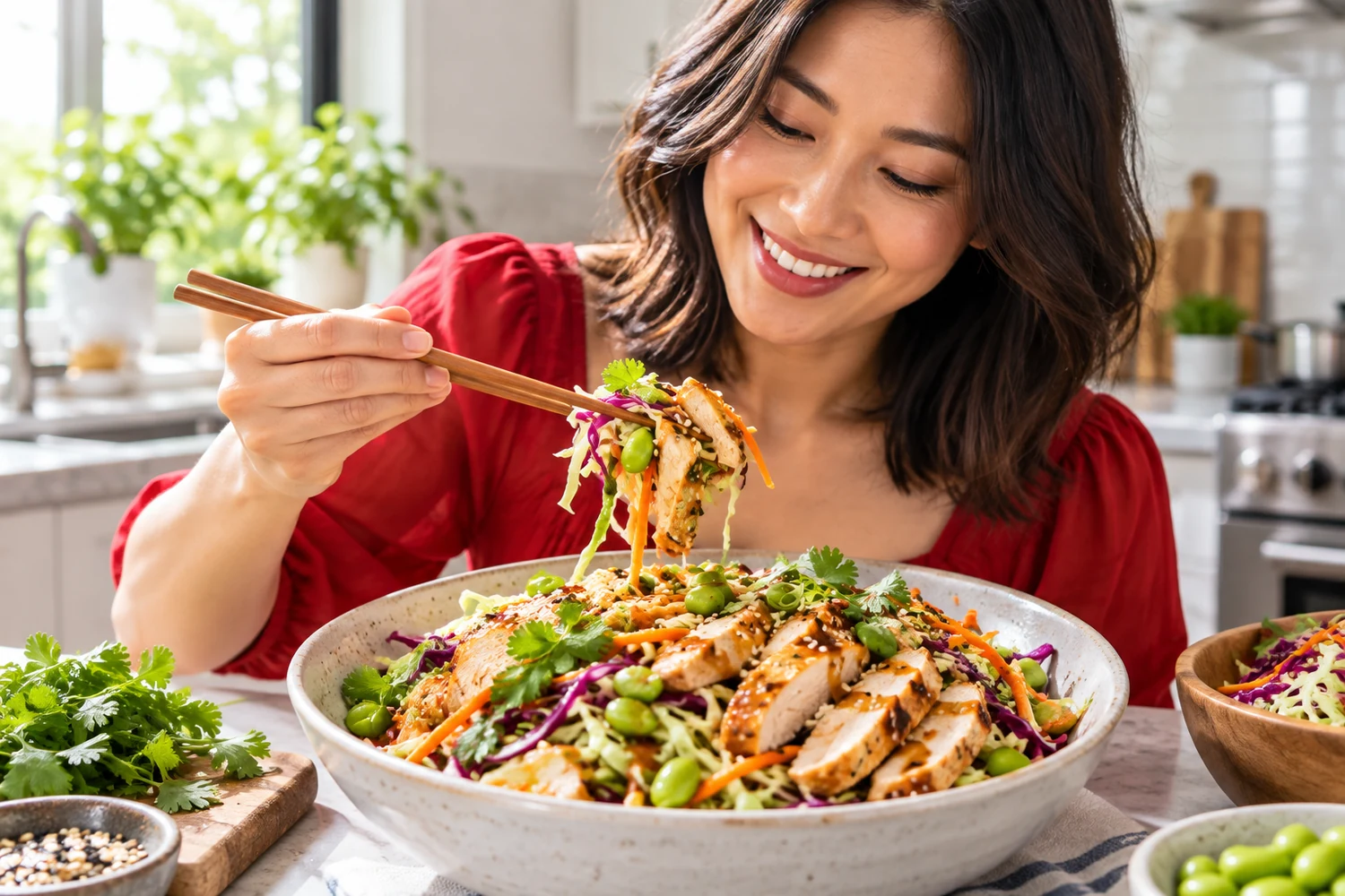 Crunchy Asian Chicken Slaw Salad with Edamame and Sesame Dressing