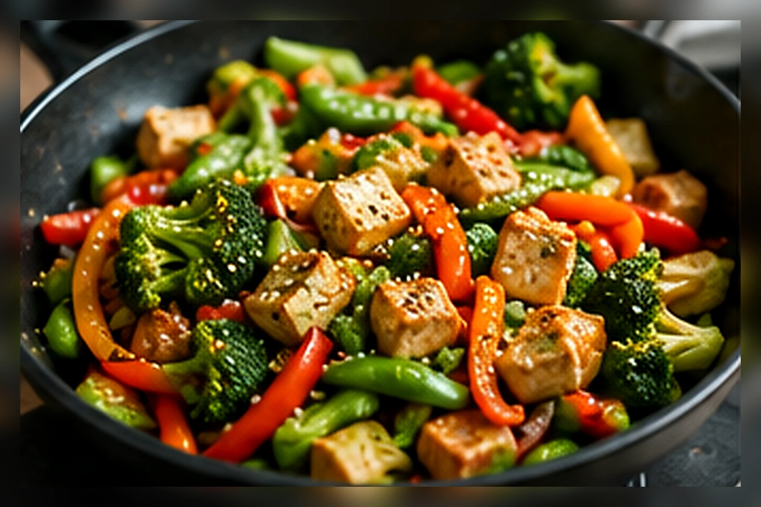 Crisp tofu and colorful vegetables in a light ginger garlic stir fry