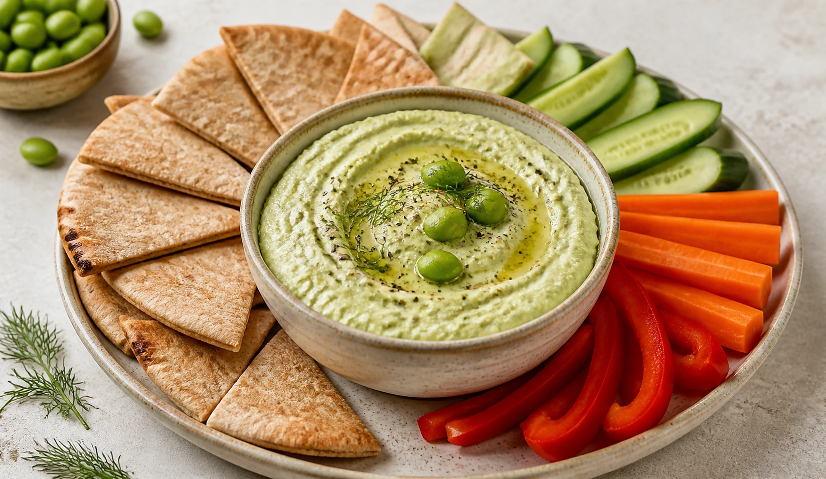 Edamame Cottage Cheese Dip with Whole-Grain Pita and Vegetables