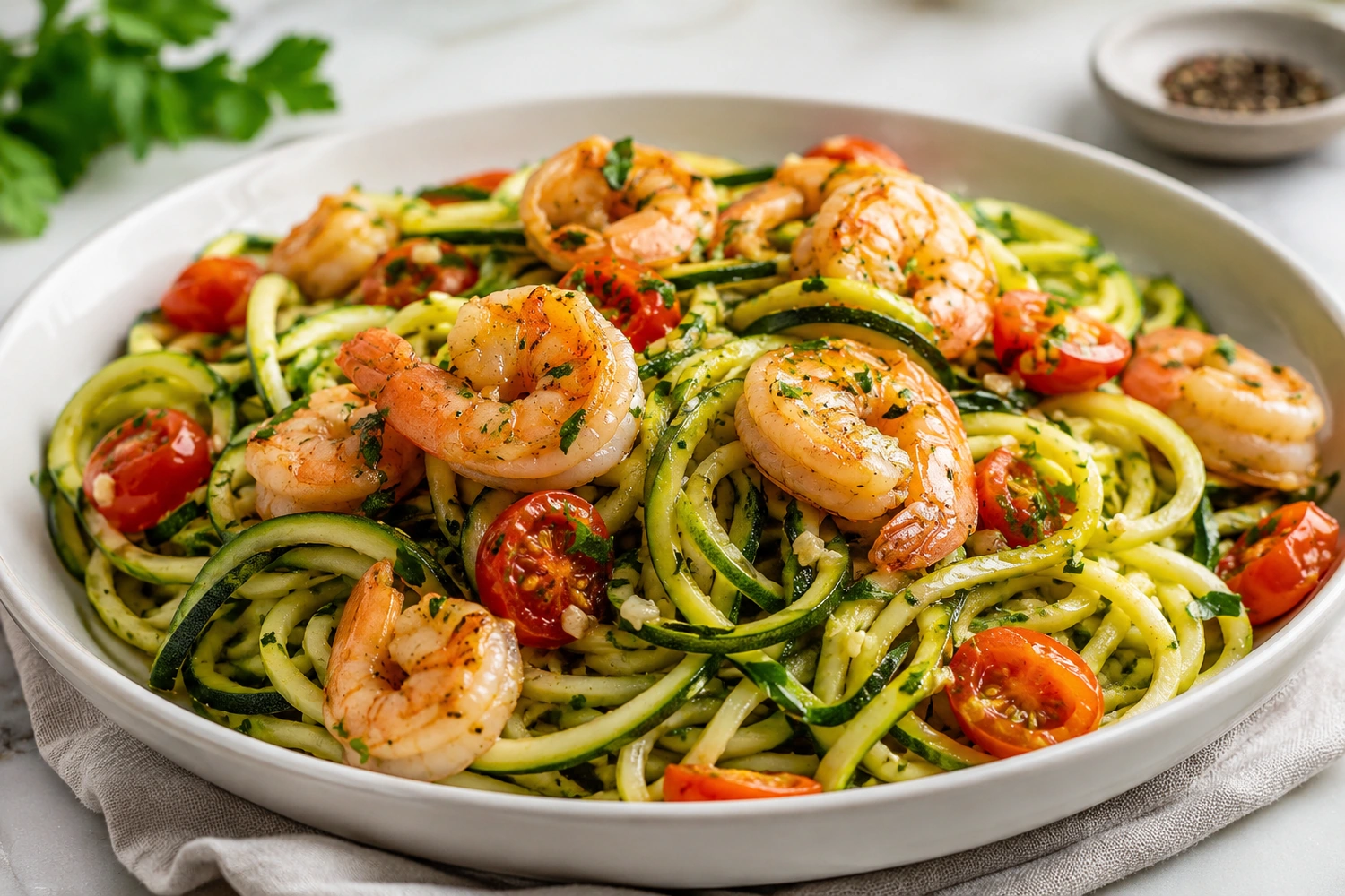 Garlic Butter Shrimp Zoodles with Cherry Tomatoes
