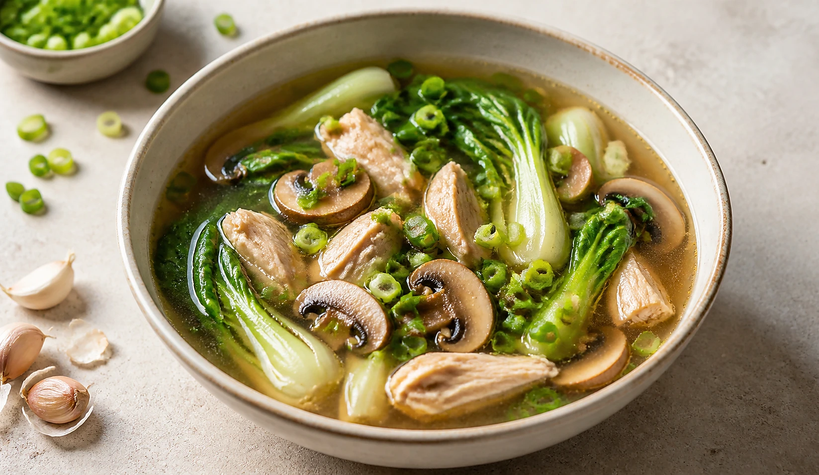 Garlic Miso Chicken Mushroom Soup with Bok Choy