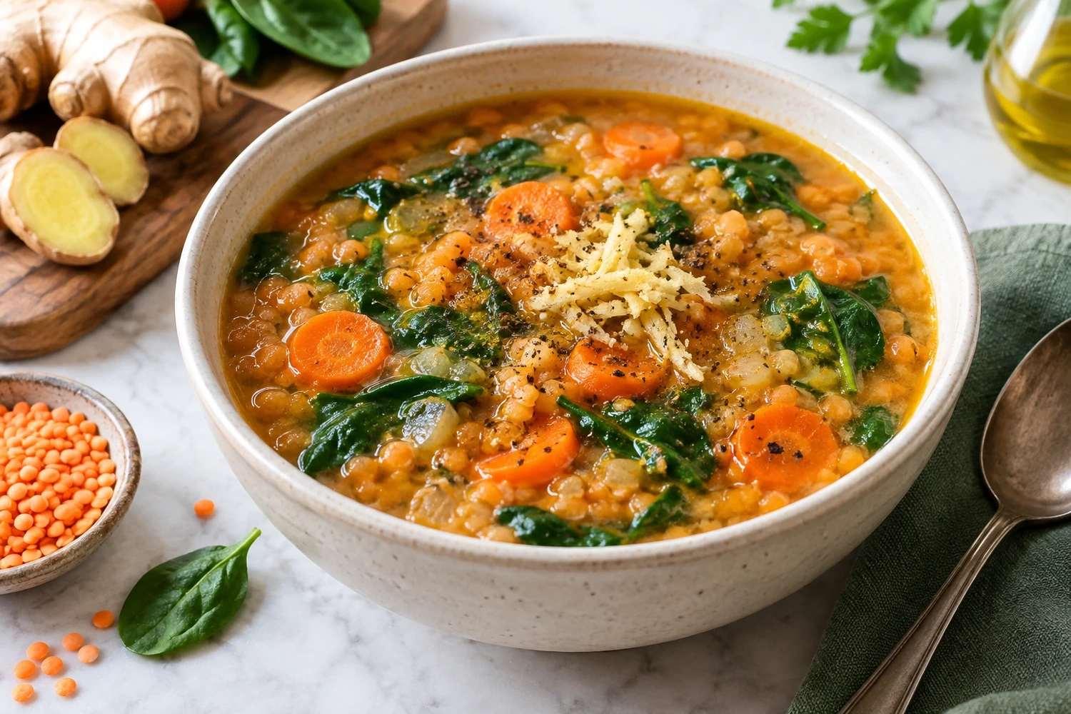 Ginger Red Lentil Soup with Spinach and Carrots