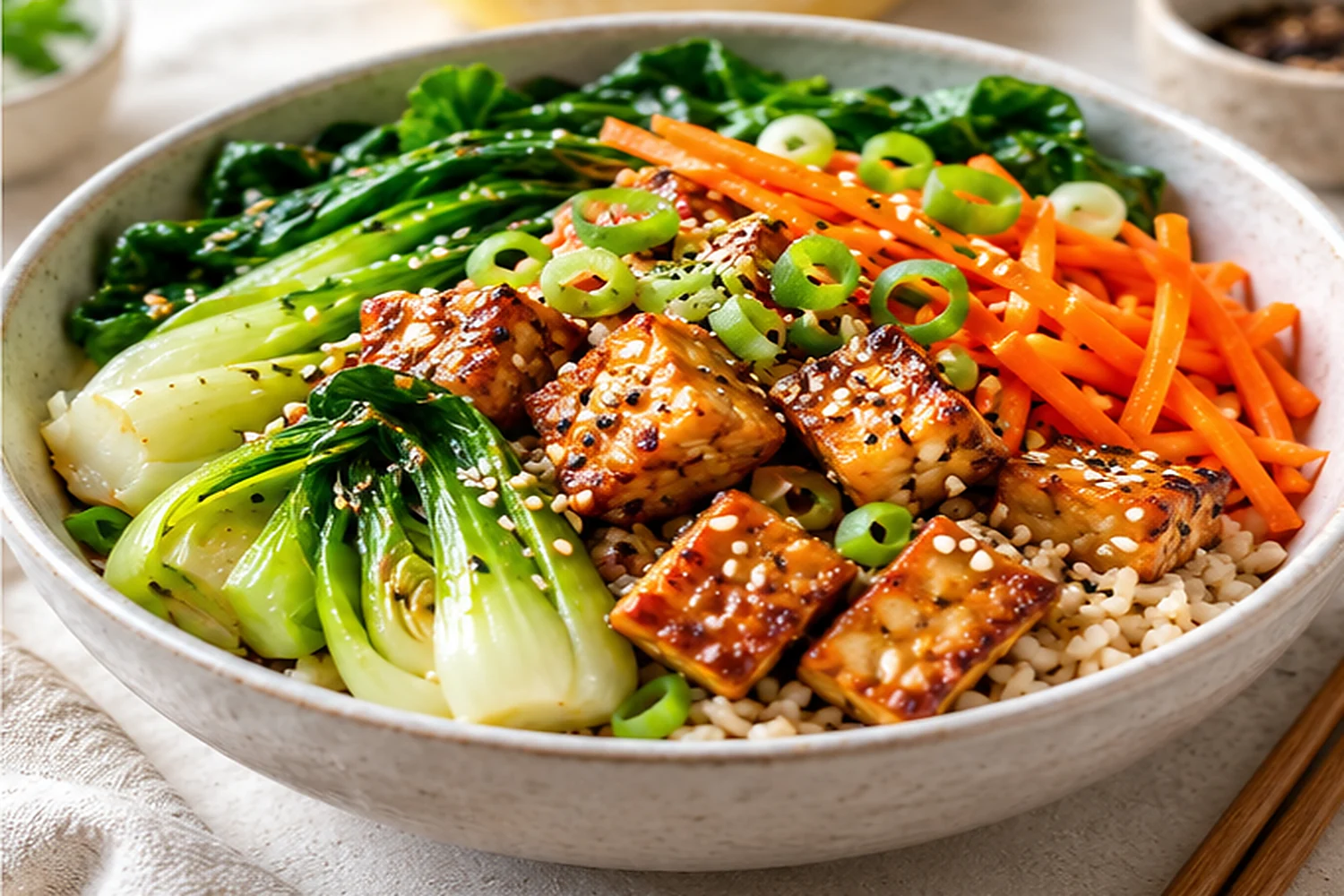 Ginger Sesame Tempeh with Bok Choy and Brown Rice