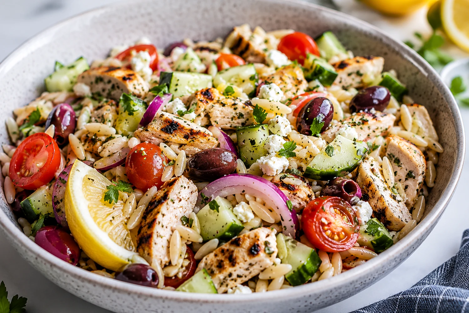 Greek Chicken Farro Salad with Cucumber and Feta