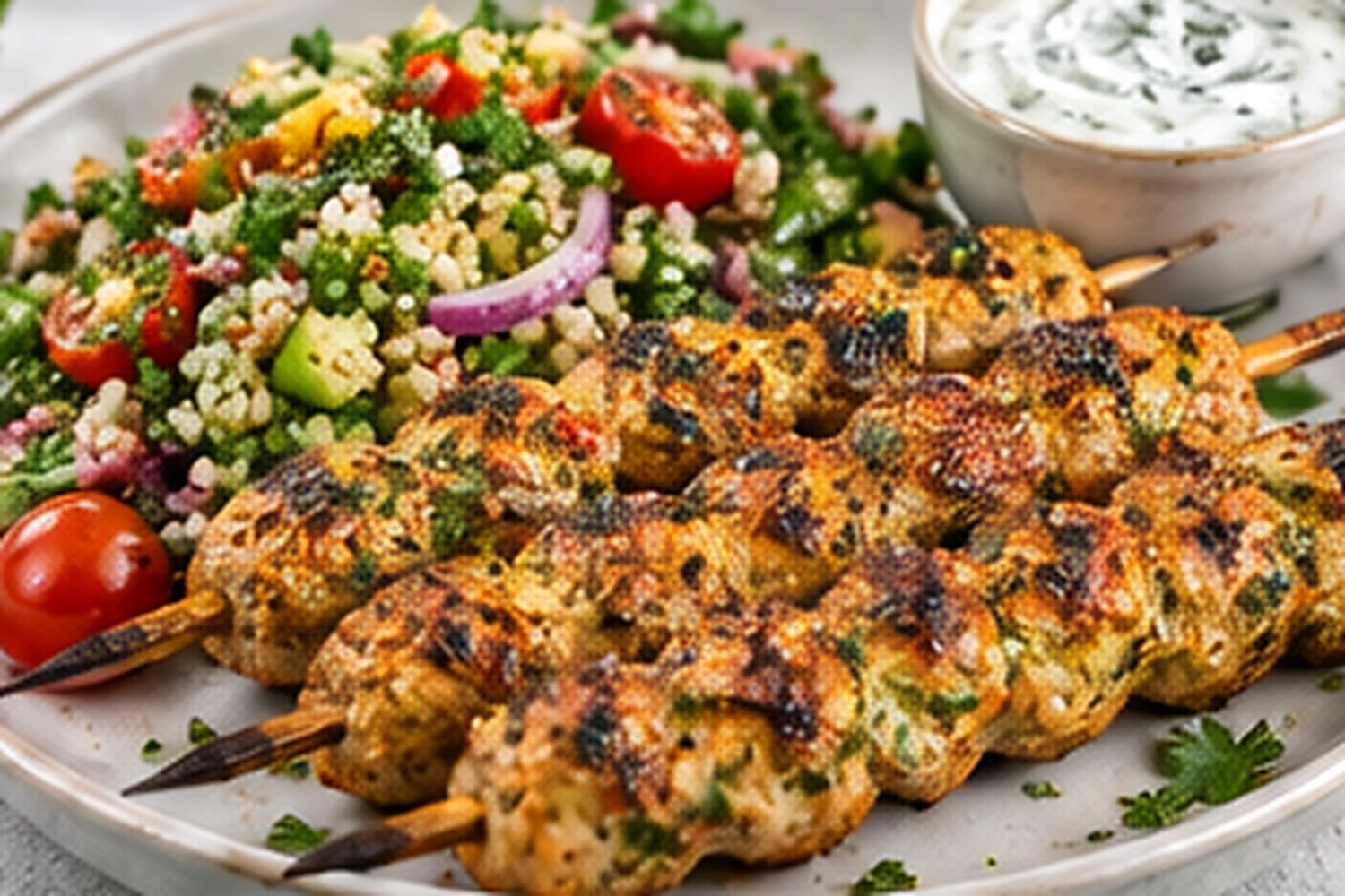 Healthy Air Fryer Chicken Kofta with Bulgur Tabbouleh and Yogurt Sauce