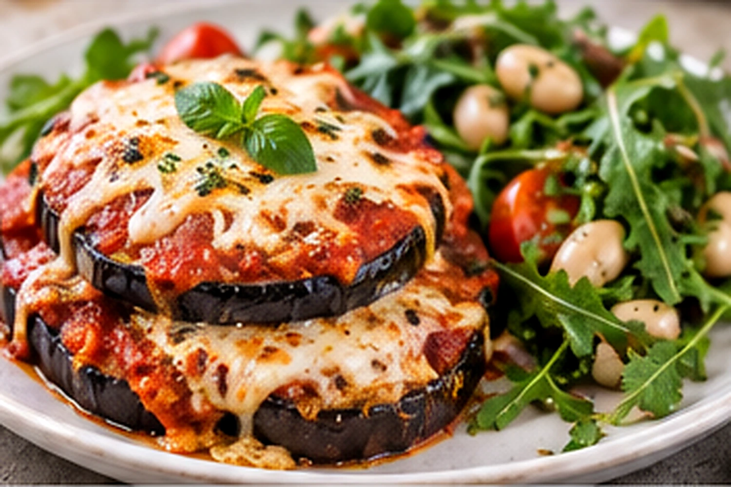 Healthy Air Fryer Eggplant Parmesan with White Bean Arugula Salad