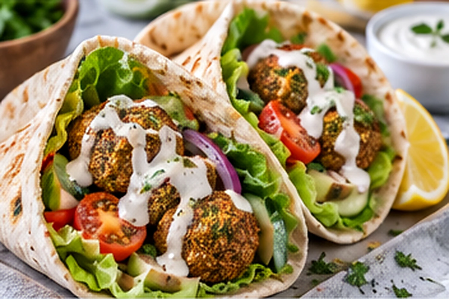 Healthy Air Fryer Falafel Pitas with Cucumber-Tomato Salad and Tahini Yogurt