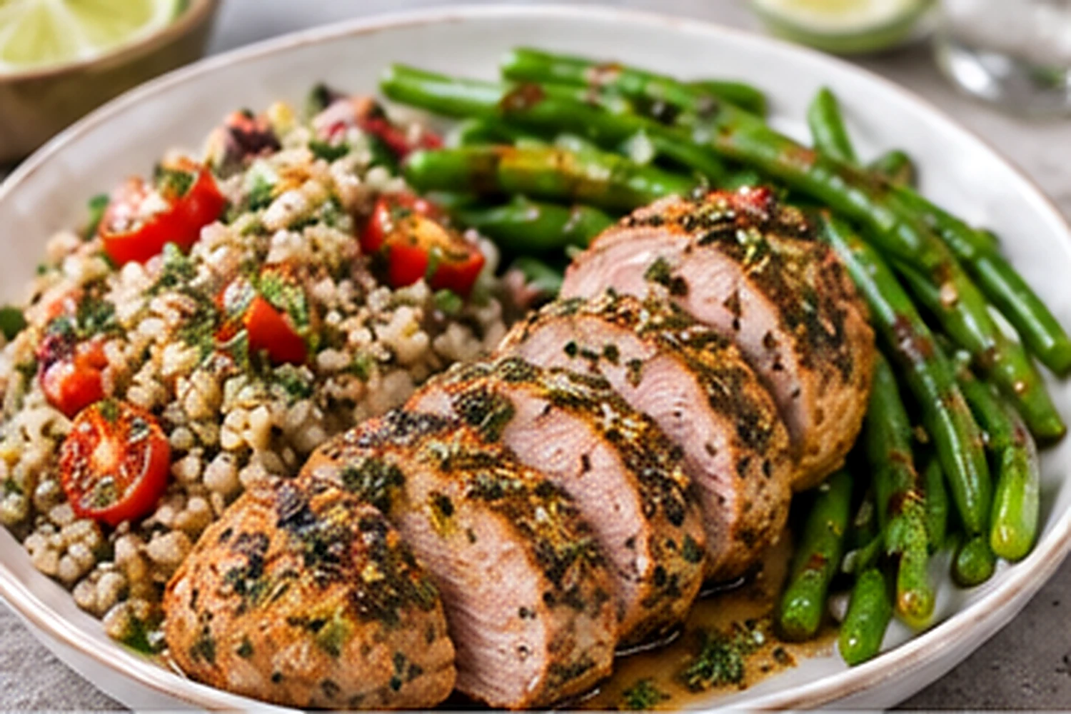 Healthy Air Fryer Pork Tenderloin with Mustard Green Beans and Barley Salad