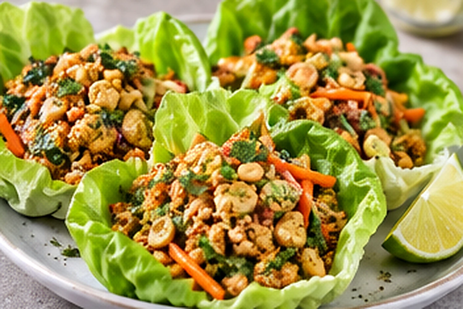 Air Fryer Tofu Satay Lettuce Cups with Peanut-Lime Slaw