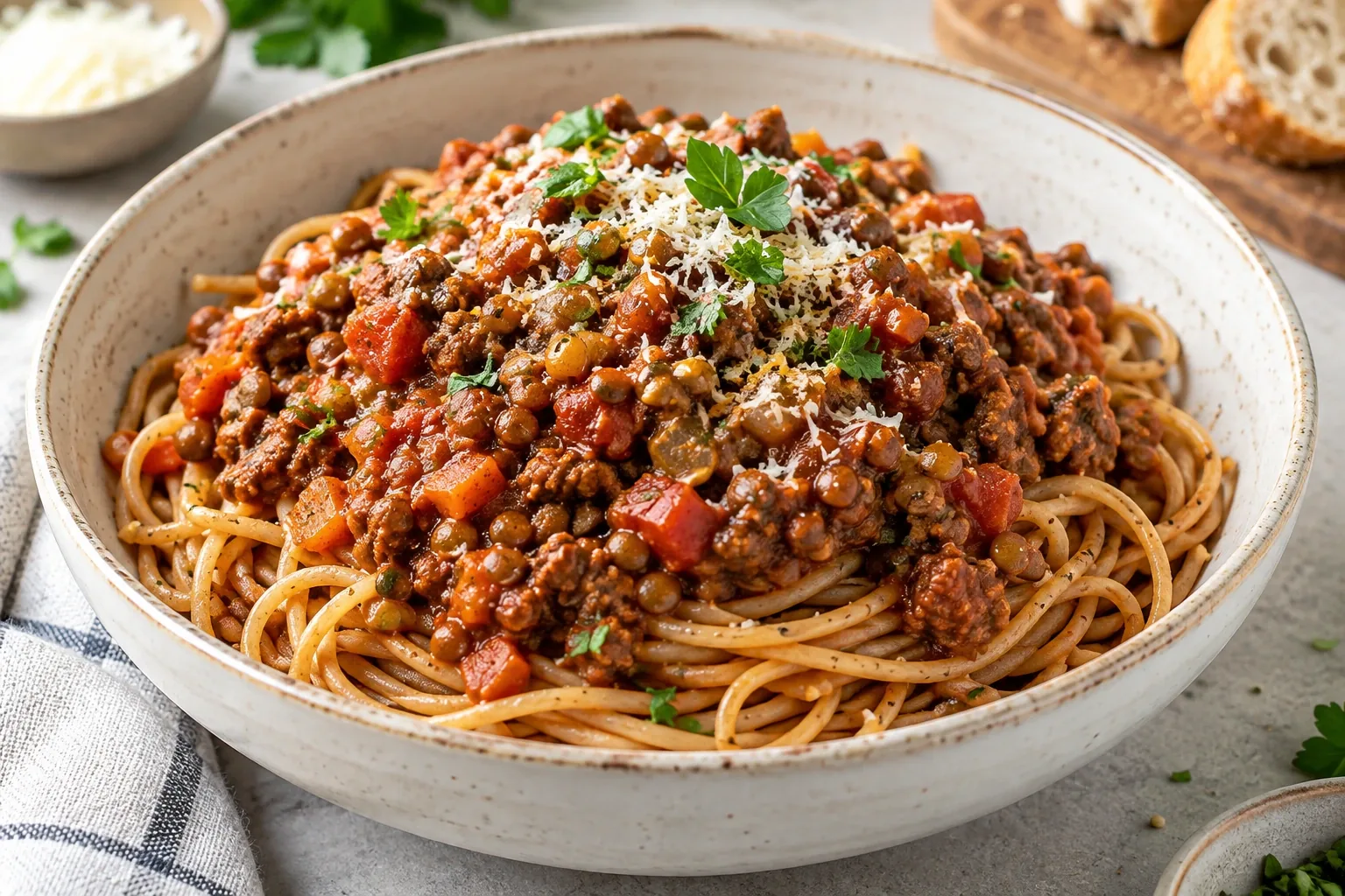Healthy Beef and Lentil Bolognese with Whole-Wheat Spaghetti