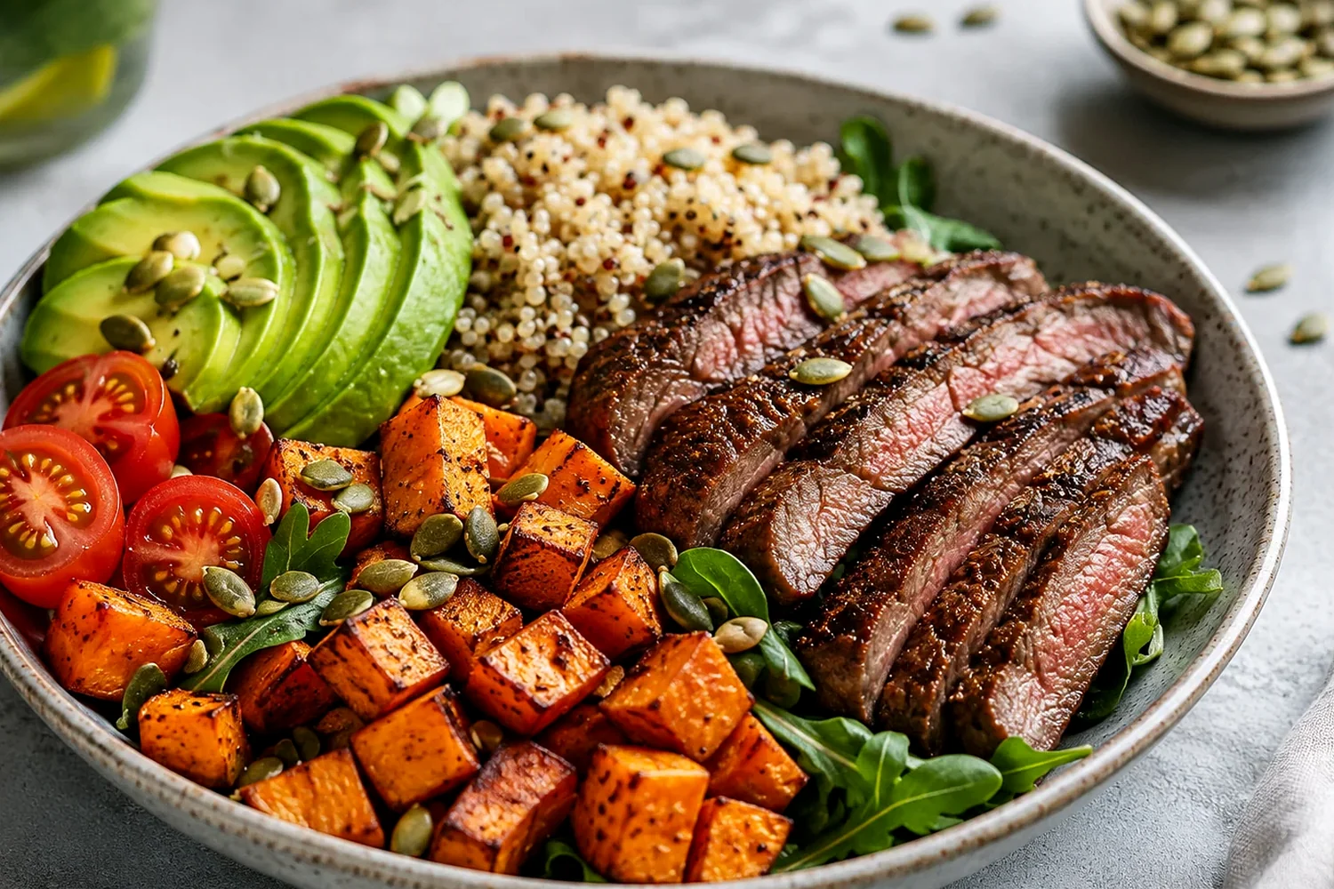 Healthy Cheeseburger Bowl with Lean Beef, Roasted Potatoes and Burger Sauce