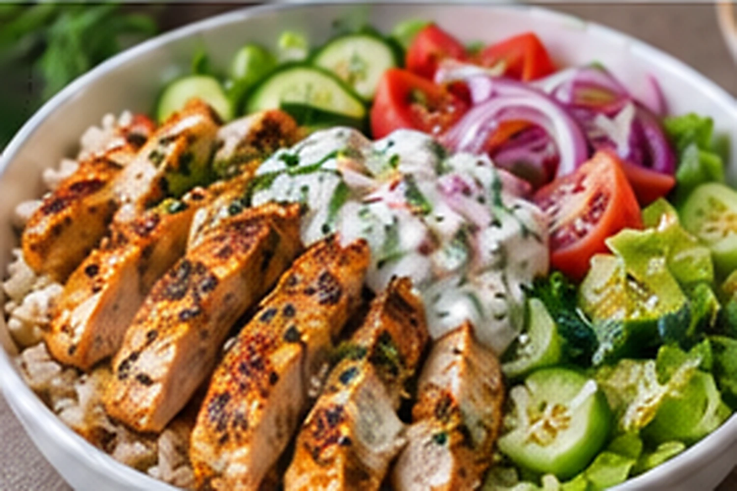 Healthy Chicken Shawarma Bowl with Brown Rice and Garlic Yogurt