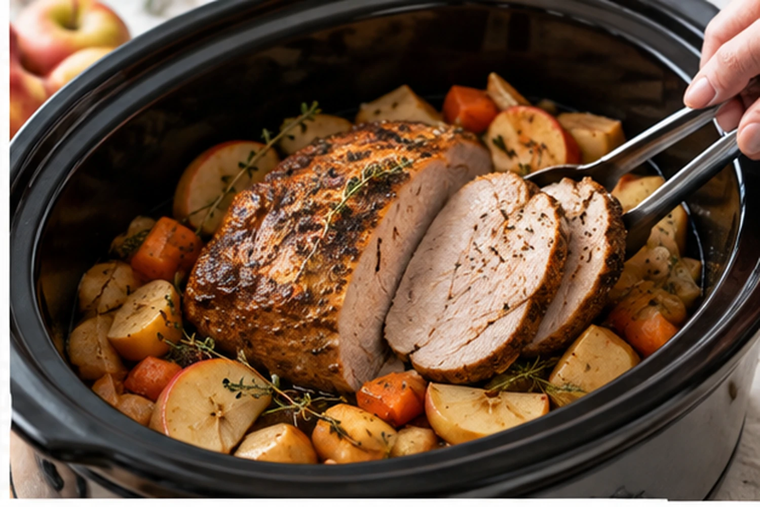 Healthy Slow Cooker Pork Loin with Apples and Root Vegetables