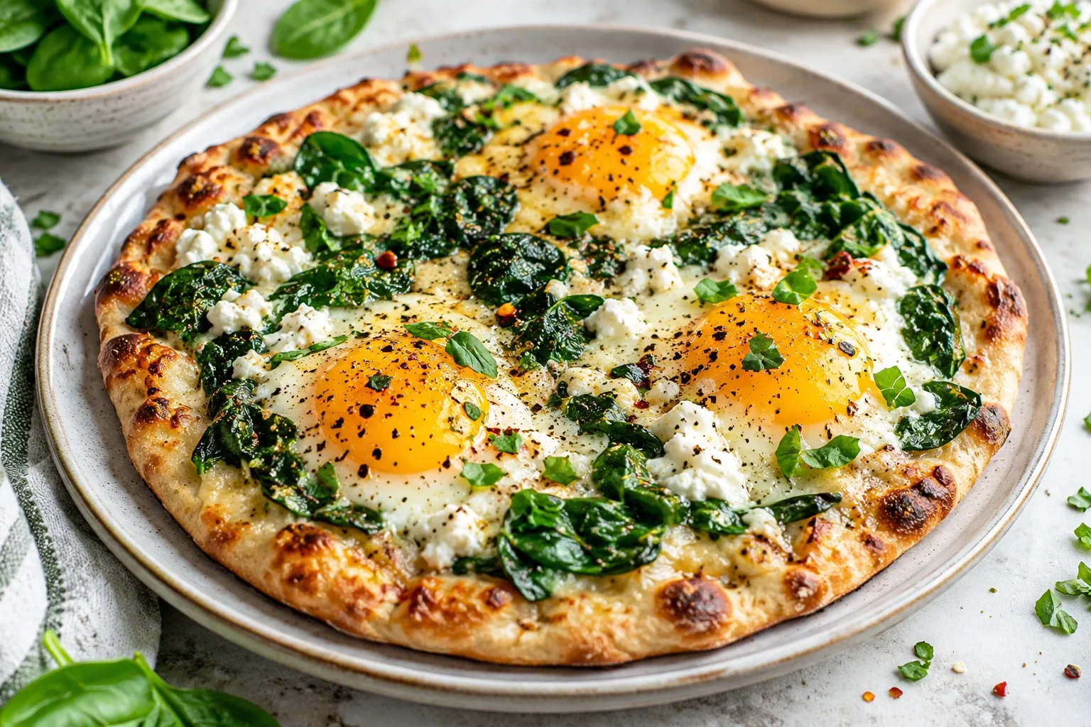 High-Protein Breakfast Naan Pizza with Eggs, Spinach and Cottage Cheese