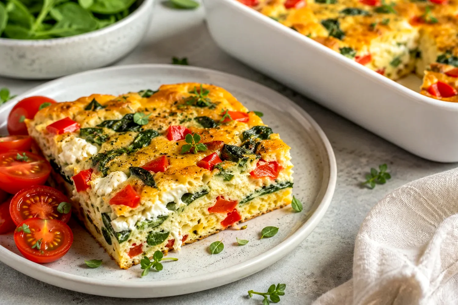 High-Protein Cottage Cheese Pizza Egg Bake with Turkey Pepperoni and Vegetables
