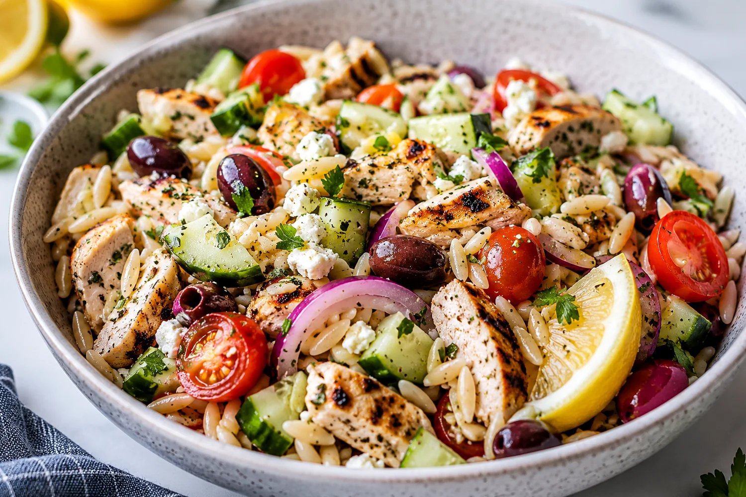 High-Protein Dill Chicken Orzo with Spinach and Peas