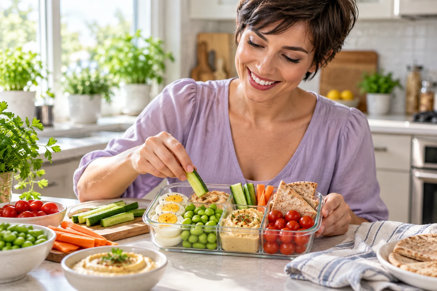 Woman with High-Protein Egg and Edamame Lunch Box with Hummus and Vegetables