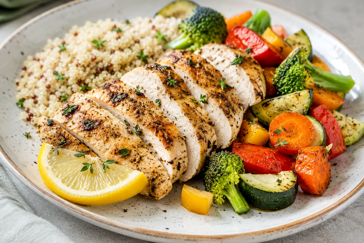 Lemon pepper chicken breast with couscous and colorful roasted vegetables
