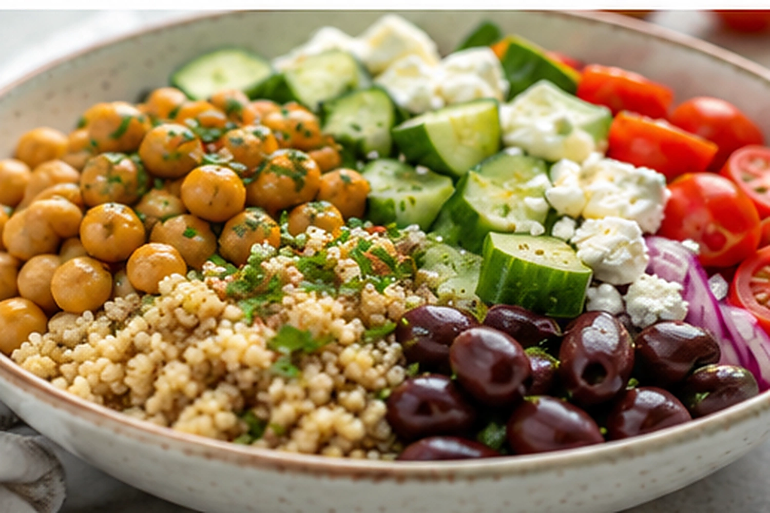 High Protein Low Calorie Mediterranean Chickpea Quinoa Bowl