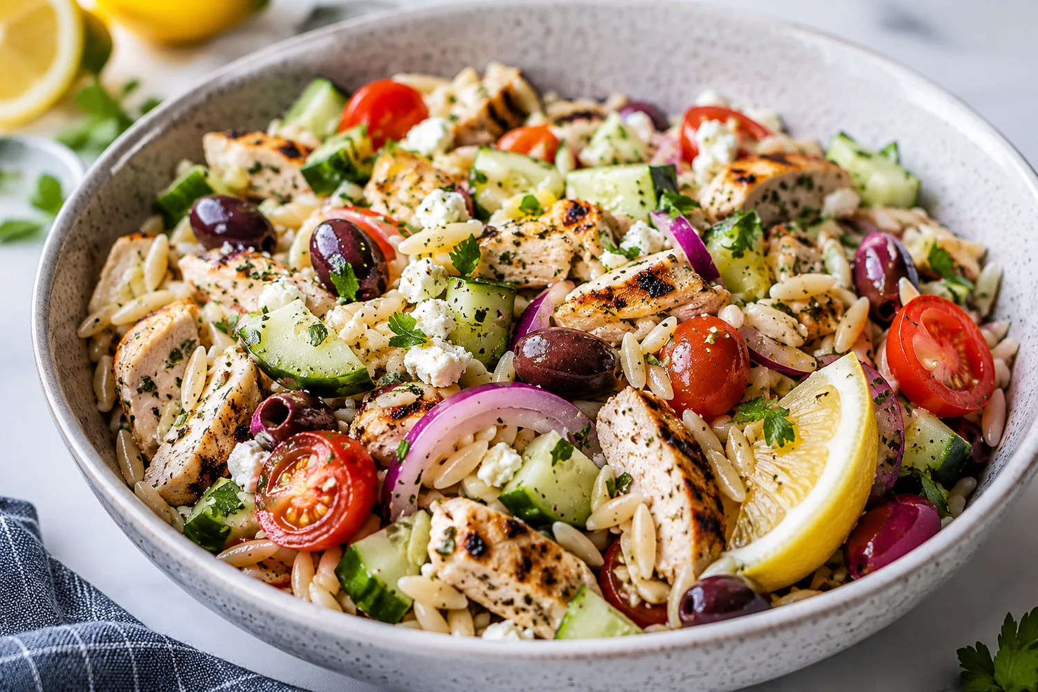 High-Protein Mediterranean Chicken Orzo Salad