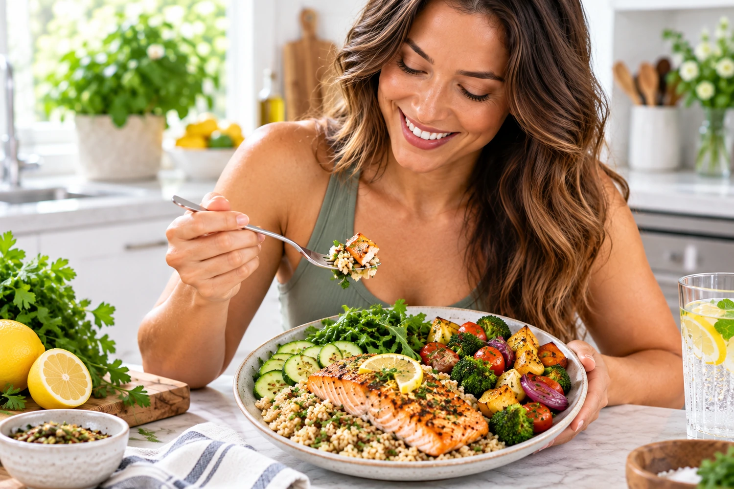 High-Protein Salmon Quinoa Breakfast Bowl with Cucumber and Greens