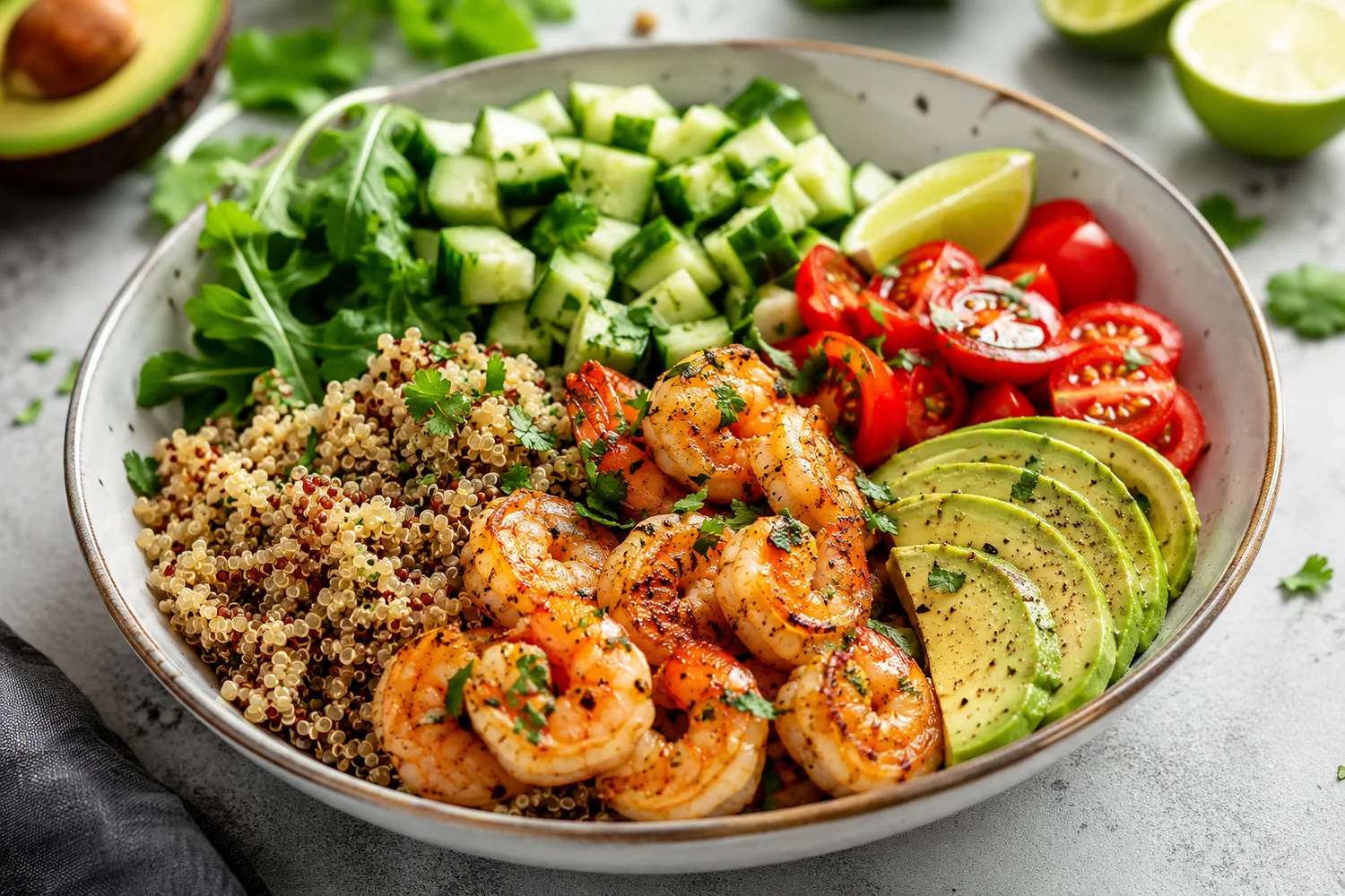 High-Protein Shrimp Quinoa Avocado Bowl