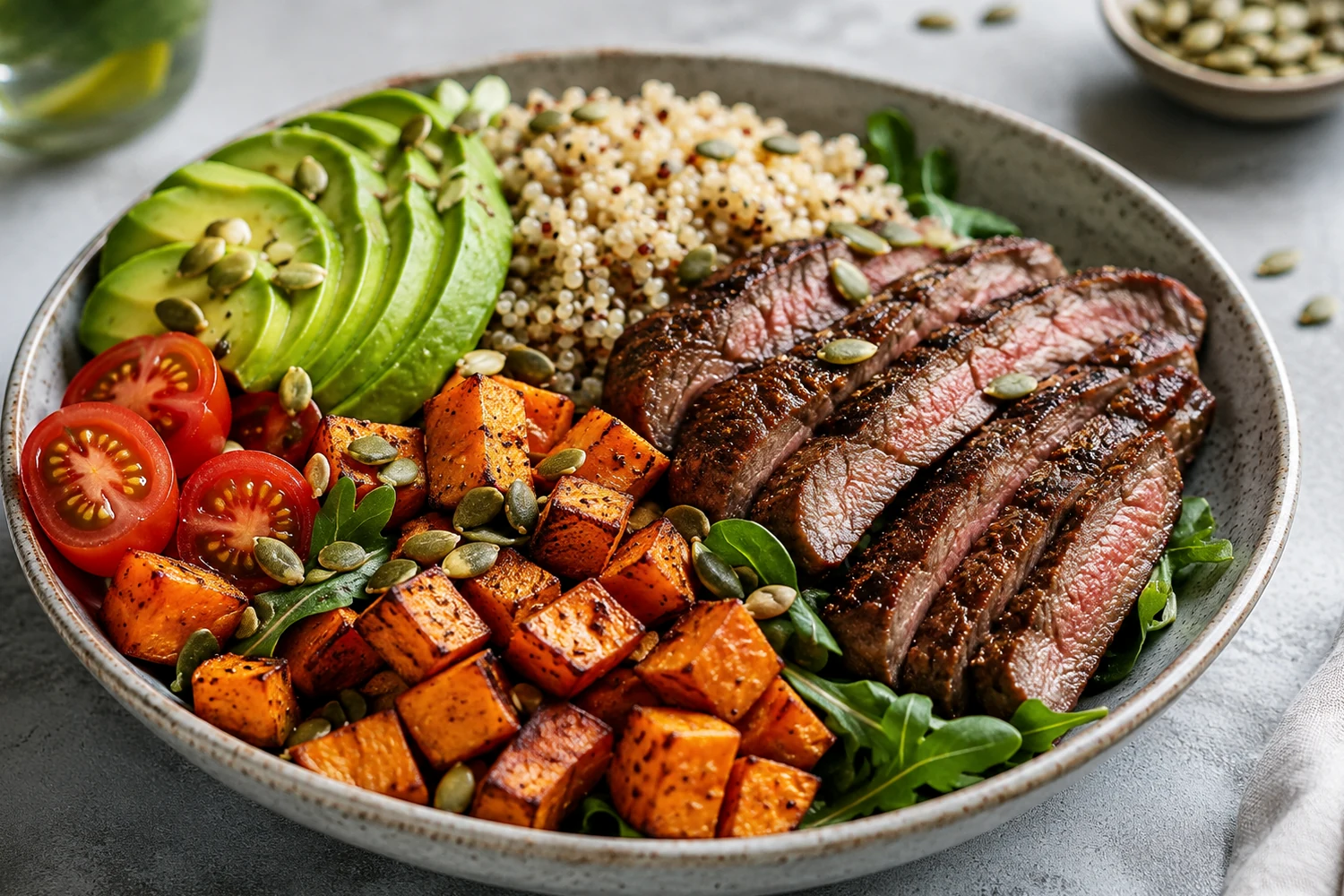 High-Protein Steak Farro Sweet Potato Power Bowl