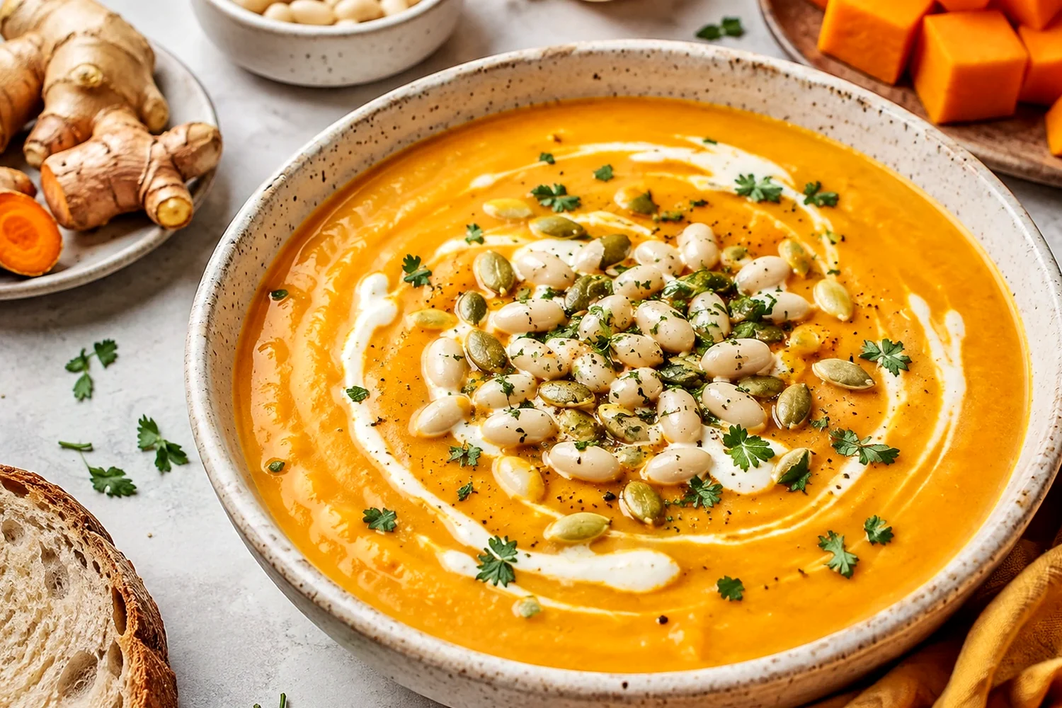 High-Protein Sweet Potato Cheddar Cottage Cheese Soup with White Beans