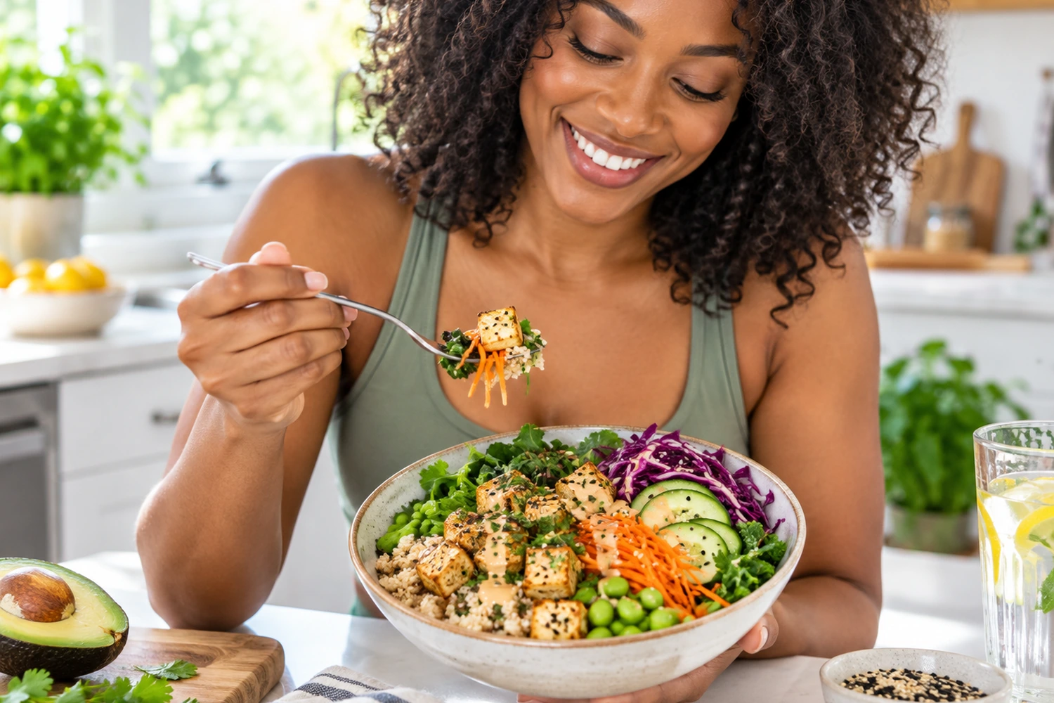 High-Protein Tofu Quinoa Breakfast Bowl with Edamame and Tahini