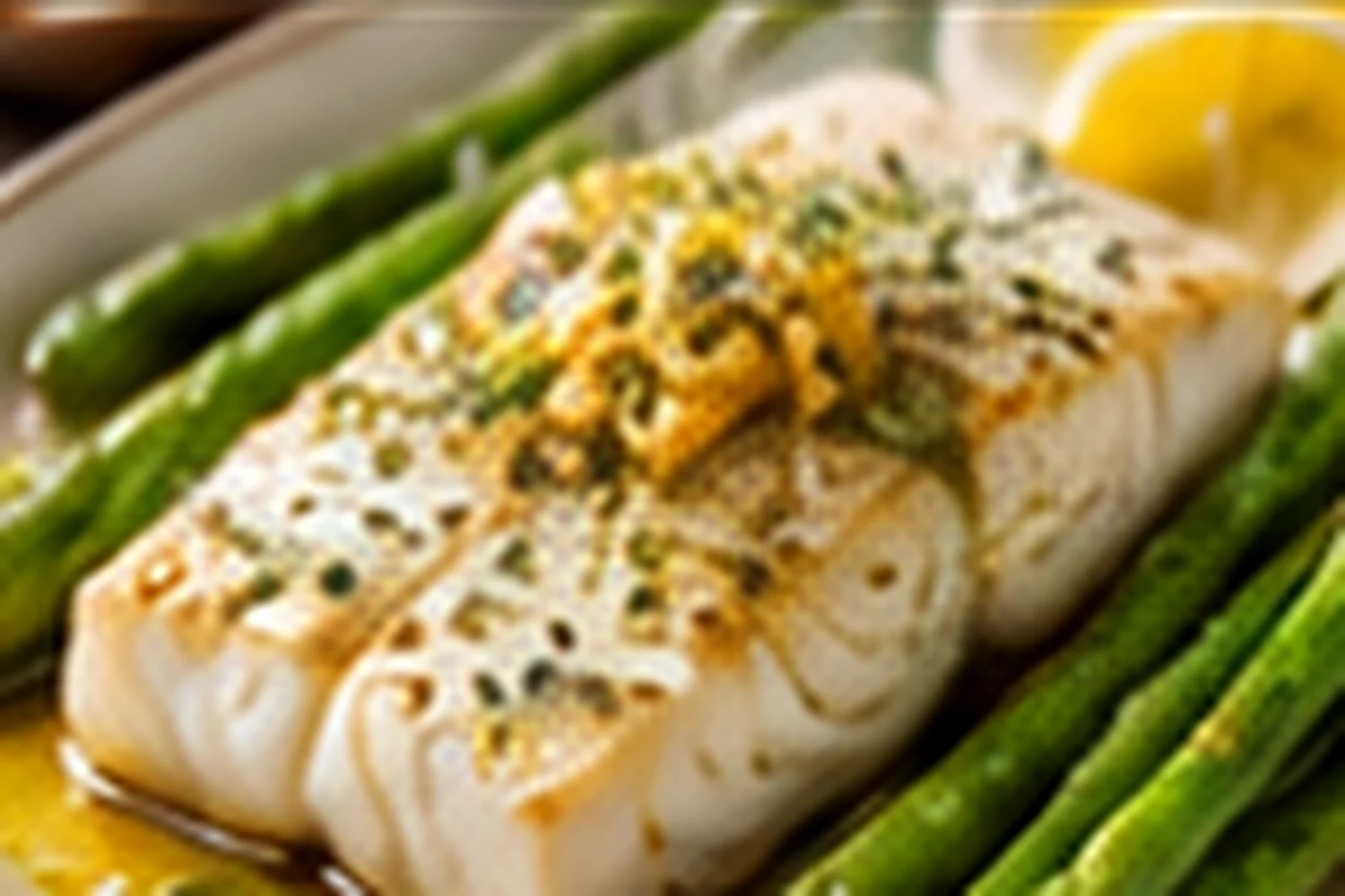 Lemon Herb Baked Cod with Asparagus and Brown Rice