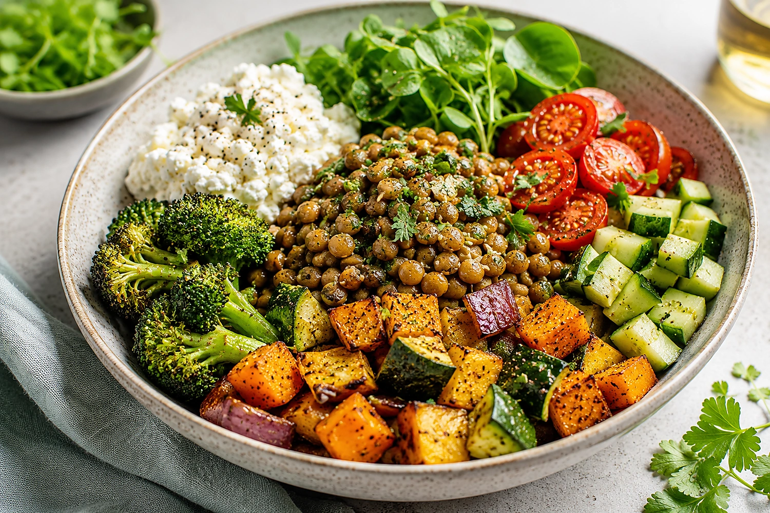 Low-Calorie High-Protein Vegetarian Lentil and Cottage Cheese Bowl