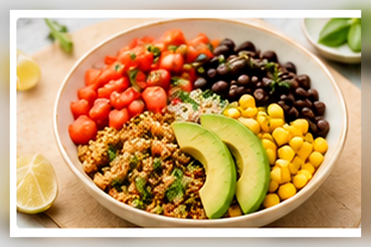 Southwest quinoa bowl with black beans corn tomatoes and avocado