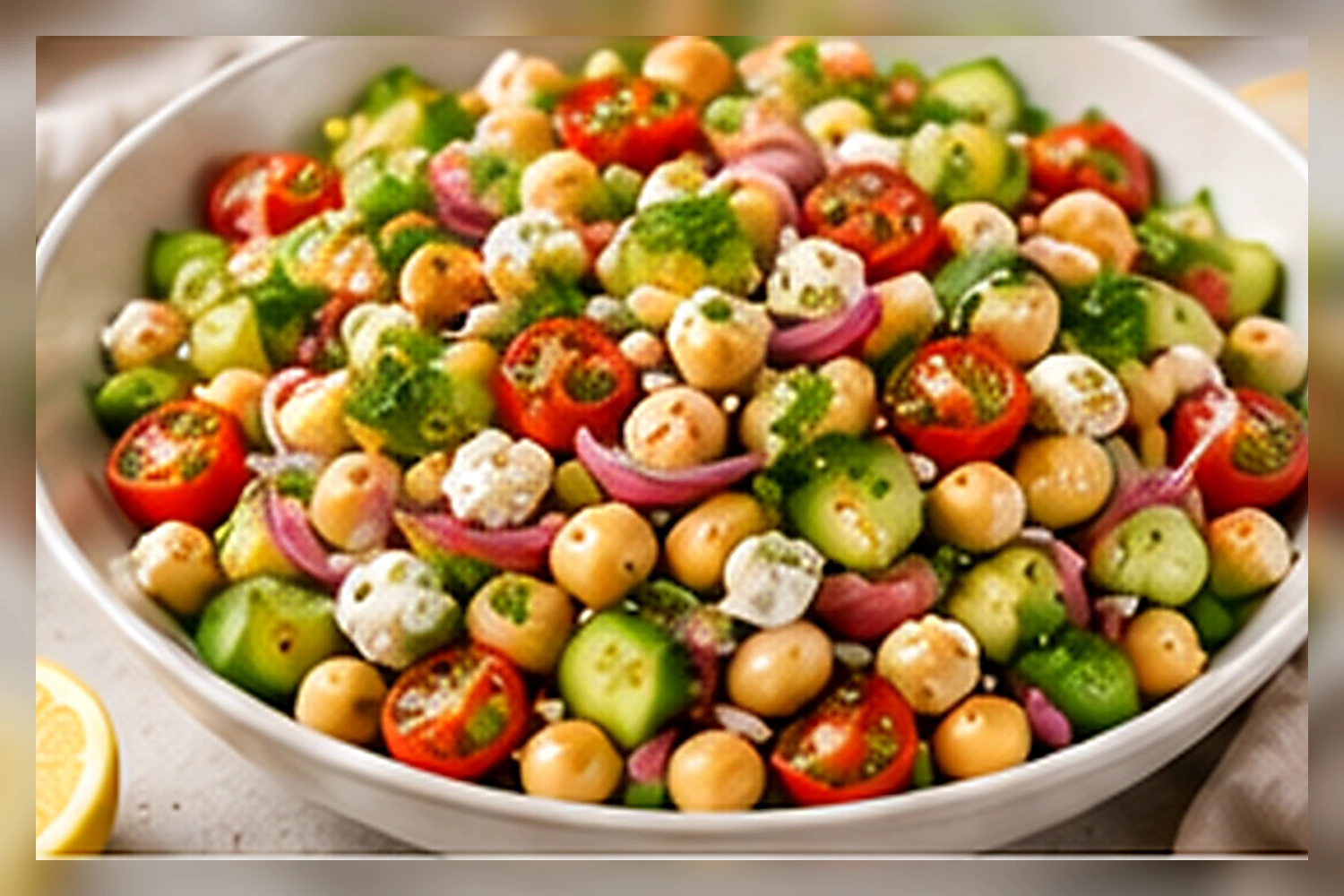 Colorful chickpea cucumber tomato and herb salad in a white bowl
