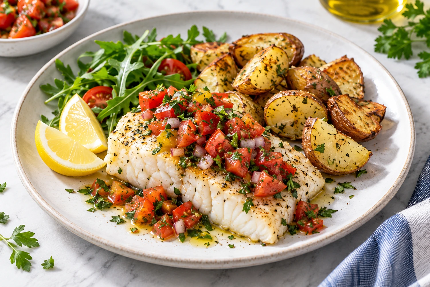 Low-Sodium Baked Cod with Tomato Herb Salsa and Potatoes