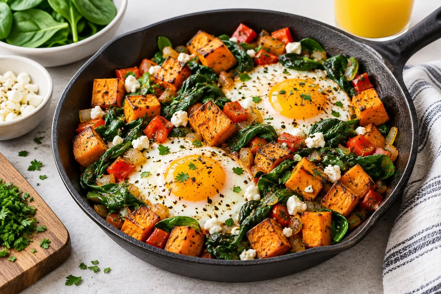 Low-Sodium Breakfast Hash with Eggs, Sweet Potato and Spinach