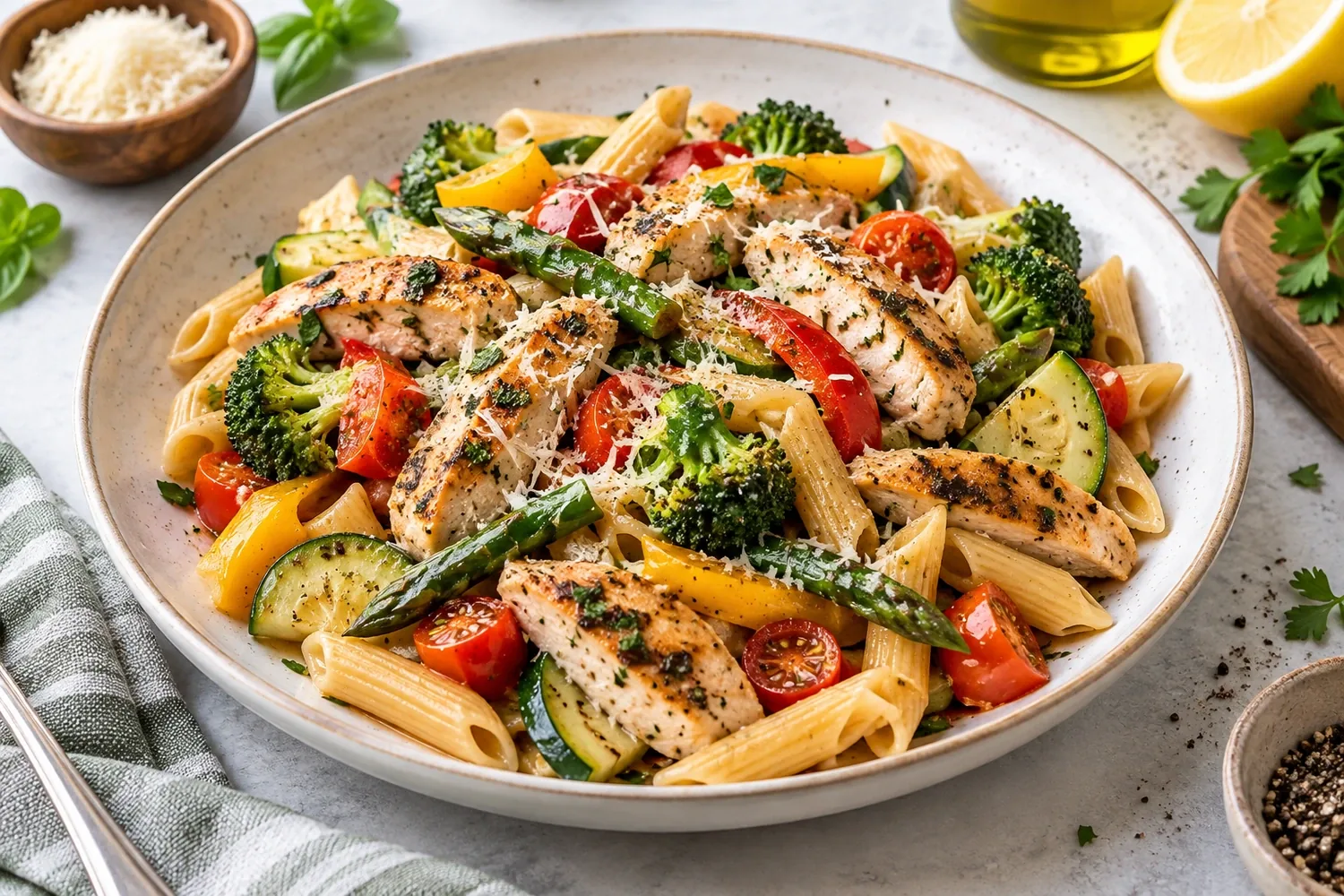 Low-Sodium Chicken Pasta Primavera with Fresh Vegetables