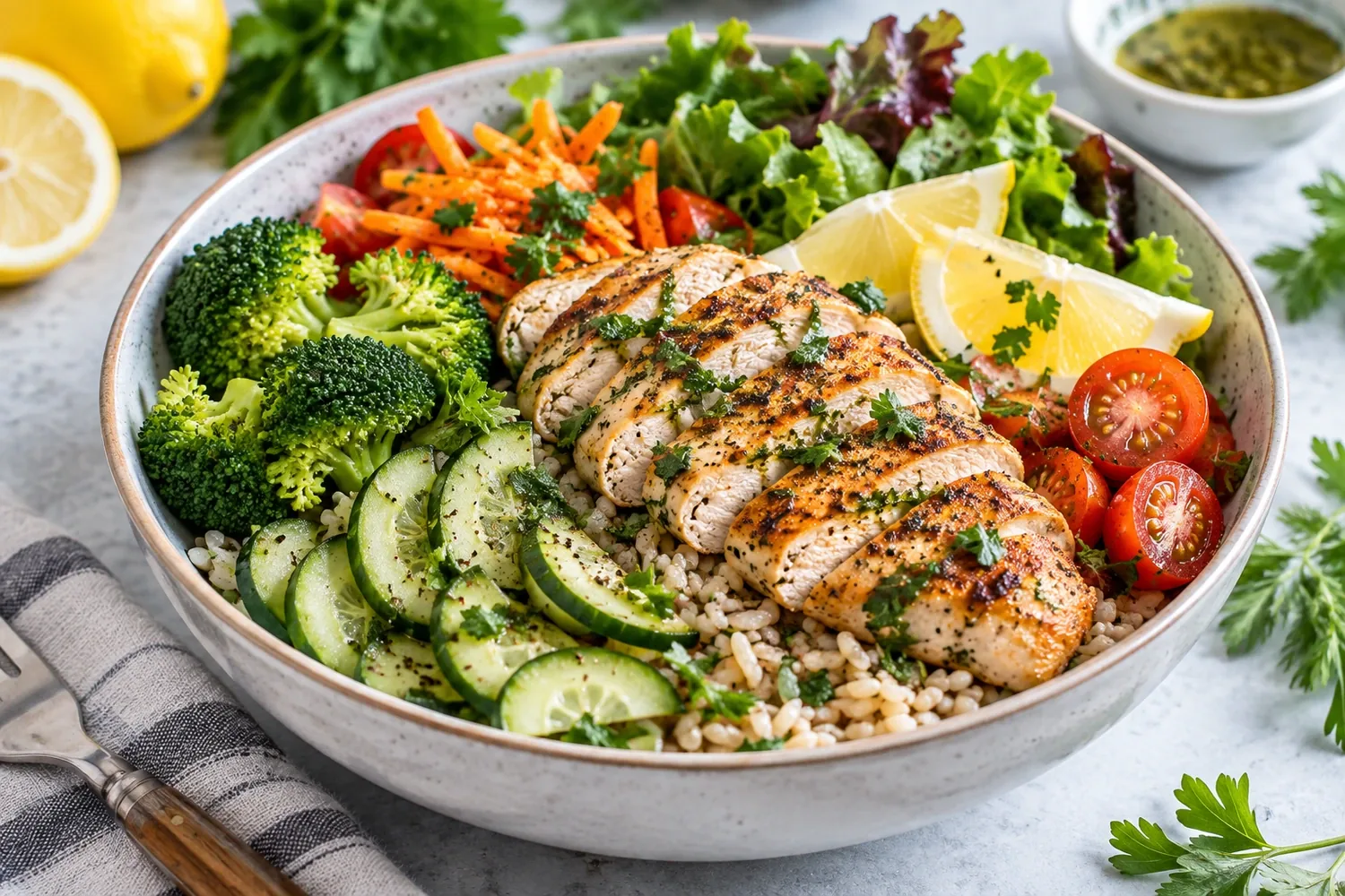 Low-Sodium Chicken and Vegetable Rice Bowl with Lemon Herbs
