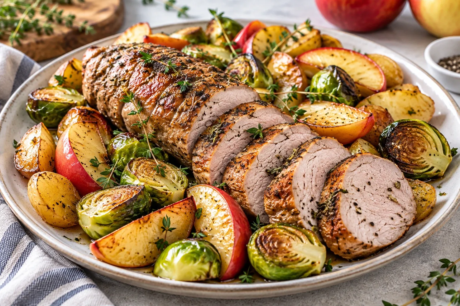 Low-Sodium Sheet-Pan Pork Tenderloin with Apples and Brussels Sprouts