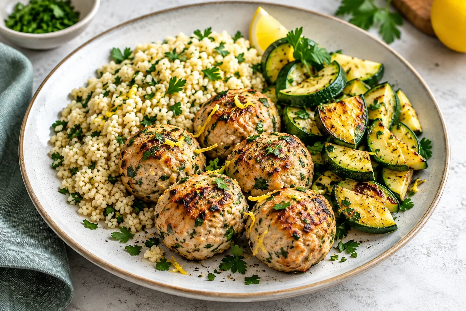 Low-Sodium Turkey Meatballs with Herbed Couscous and Zucchini